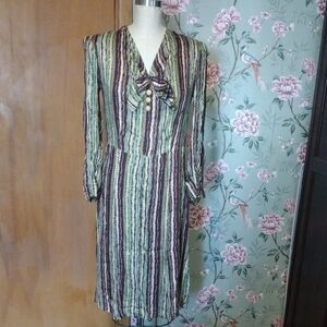 Striped V-Neck Midi Dress with Bow and Button Detail - Mint & Brown